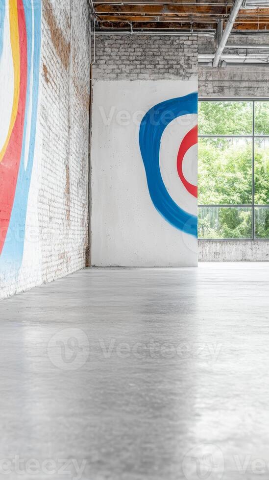 Vibrant Abstract Art Adorning a Modern Industrial Loft Space with Bright Natural Light and Polished Concrete Floors photo