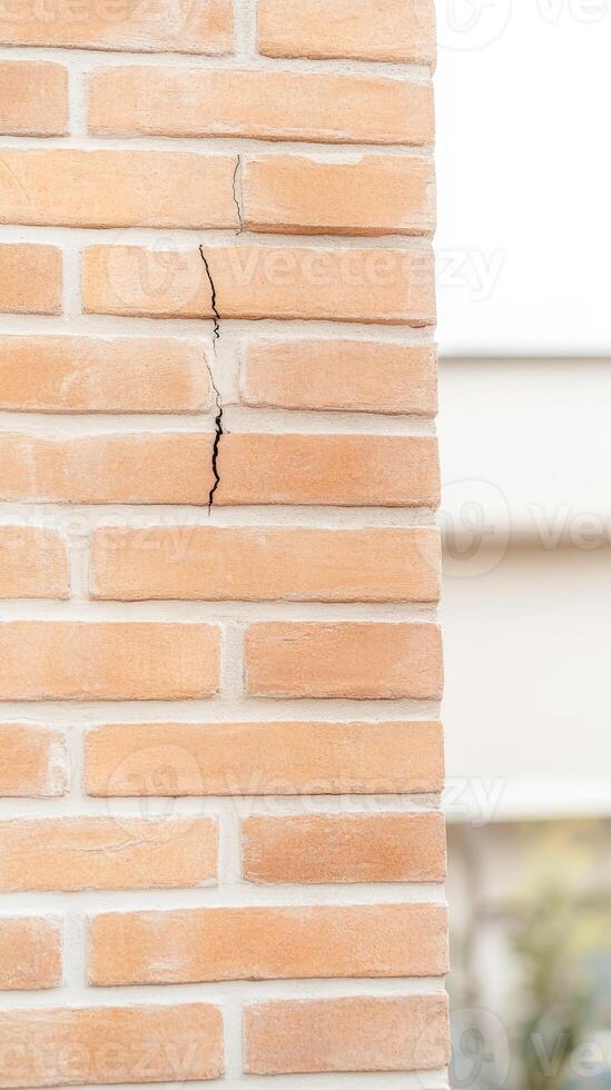 Detailed close-up of a significant vertical crack in a weathered orange brick wall, highlighting structural damage and the urgent need for building maintenance and repair photo