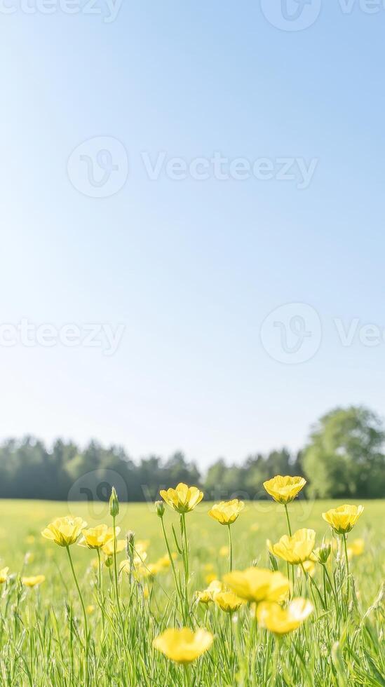 Vibrant Yellow Buttercups Flourishing in a Sun-Drenched Green Meadow Under a Clear Blue Sky, Capturing the Essence of Spring's Serene Beauty. photo
