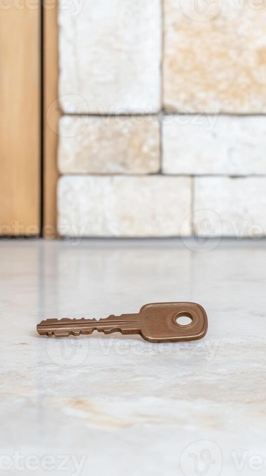 Bronze Key Resting on Polished Marble A Symbol of Secure Home Ownership, New Beginnings, and Unlocking Future Opportunities for Your Lifestyle photo