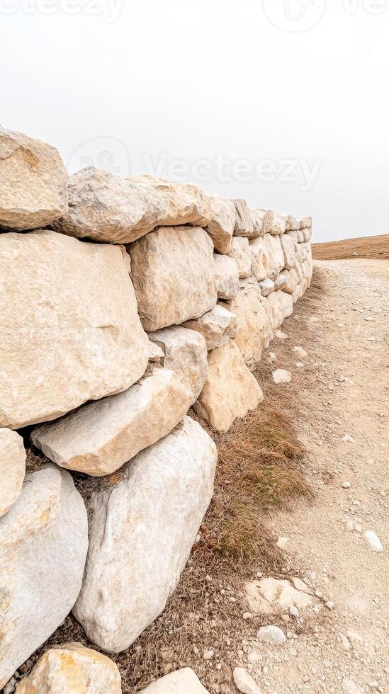 Weathered Dry Stone Wall and Rustic Dirt Path Define a Serene Rural Landscape, Showcasing Natural Textures and Timeless Outdoor Beauty. photo