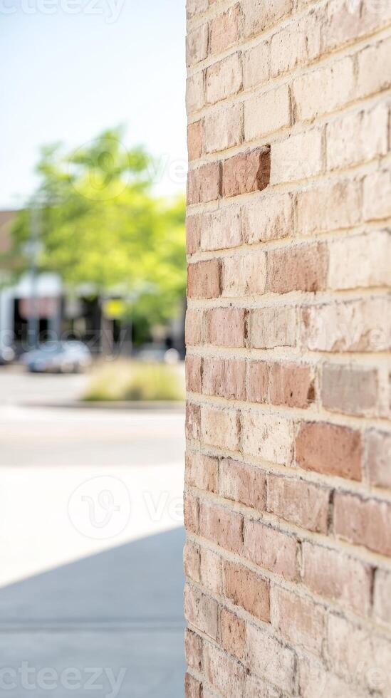 Textured Brick Wall in Warm Sunlight, Revealing Urban Architectural Details and a Softly Blurred Street Scene, Ideal for Backgrounds and Design. photo