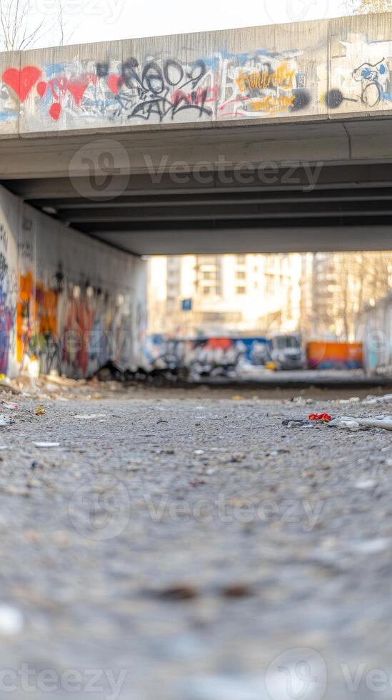 Urban Underpass Canvas Gritty Concrete Walls Adorned with Vibrant Street Graffiti Art and Hearts, Capturing City Life's Raw Expression. photo