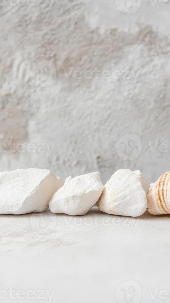 Serene Composition of White Natural Stones and Seashell on a Textured Background. Peaceful Coastal Elements for Tranquil Design. photo
