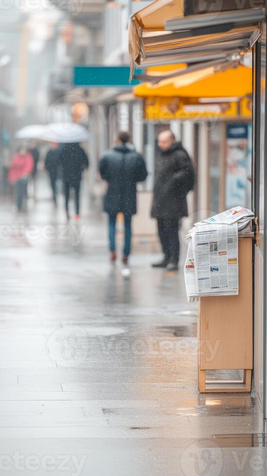 Rainy Urban Street Scene Pedestrians Navigate Wet Pavement Past a Newspaper Stand, Capturing the City's Quiet Daily Rhythm and Reflections. photo