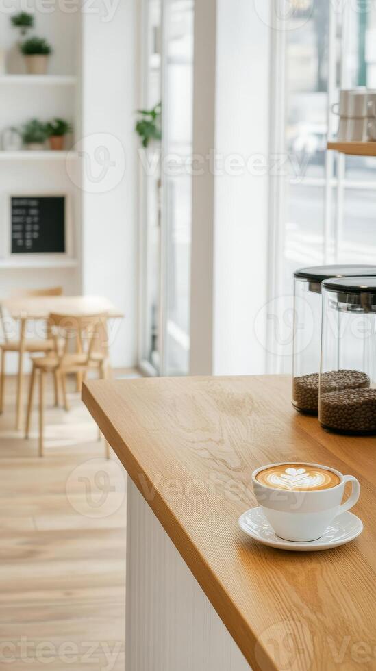 Exquisite Latte Art in a Bright, Modern Coffee Shop A Serene Cafe Interior with Warm Wood Tones and Natural Light photo