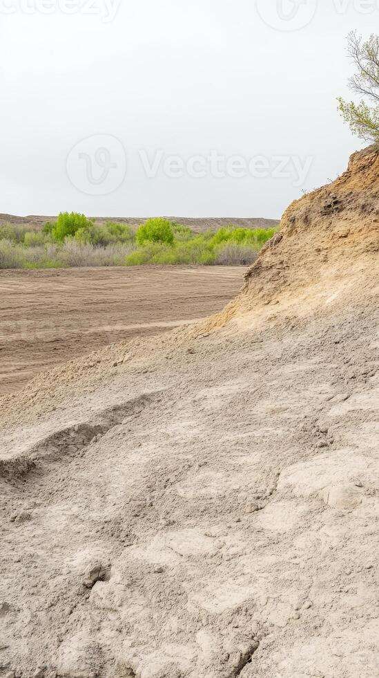 A captivating natural landscape showcasing an expansive, textured earthen slope leading to distant verdant shrubbery under a soft, overcast sky. photo