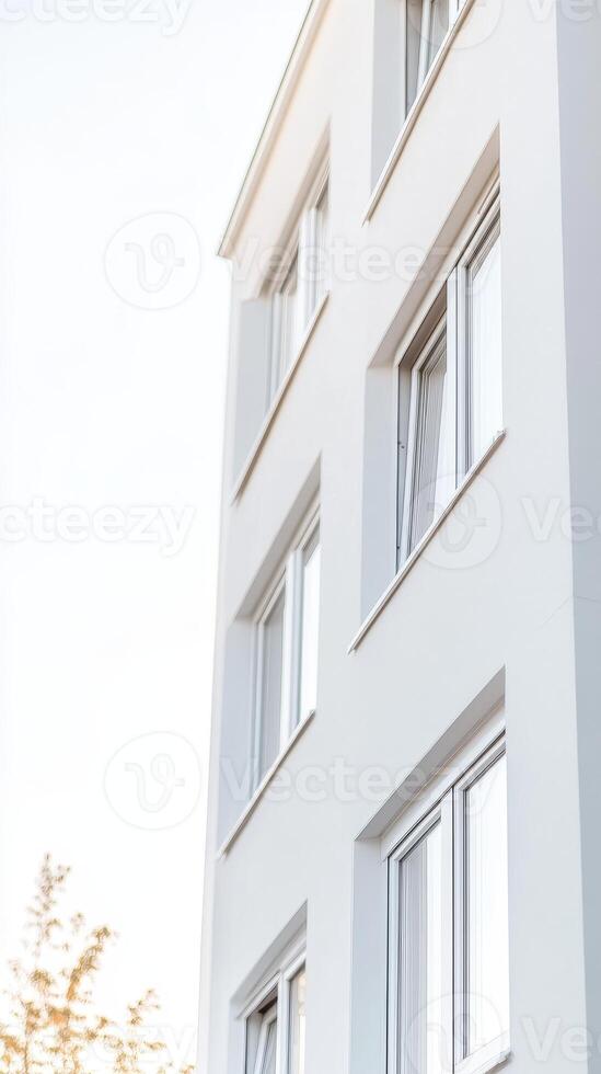 Modern White Building Facade with Clean Lines and Bright Windows Contemporary Architectural Design in Urban Setting, Minimalist Aesthetic photo
