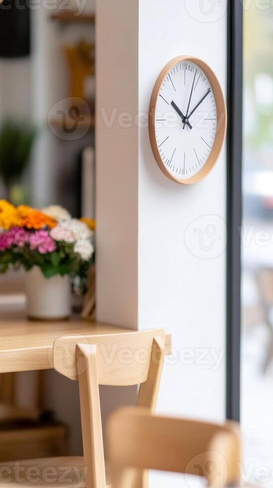 Capturing the essence of modern minimalist interior design a sleek wooden wall clock, natural light, and inviting cafe-style wooden furniture creating a serene, contemporary space photo