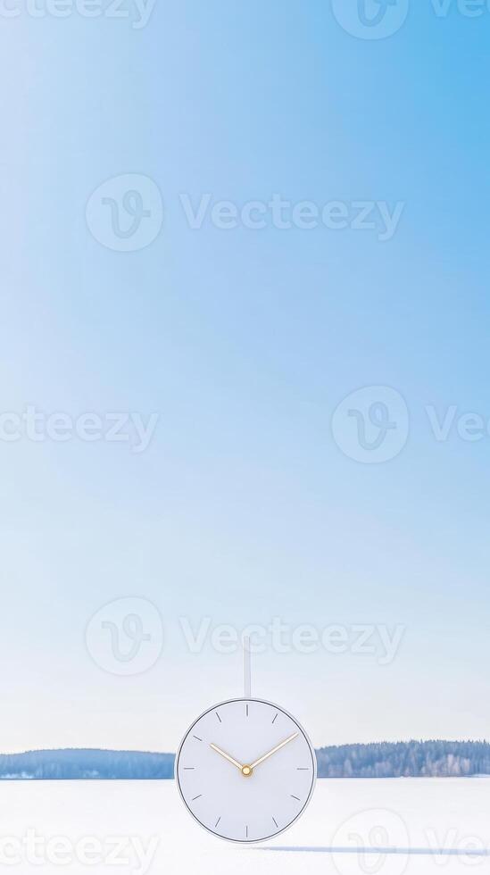 Minimalist White Clock on Pristine Snowy Landscape Under Clear Blue Sky A Serene Winter Timepiece Concept Image for Modern Design and Tranquility photo