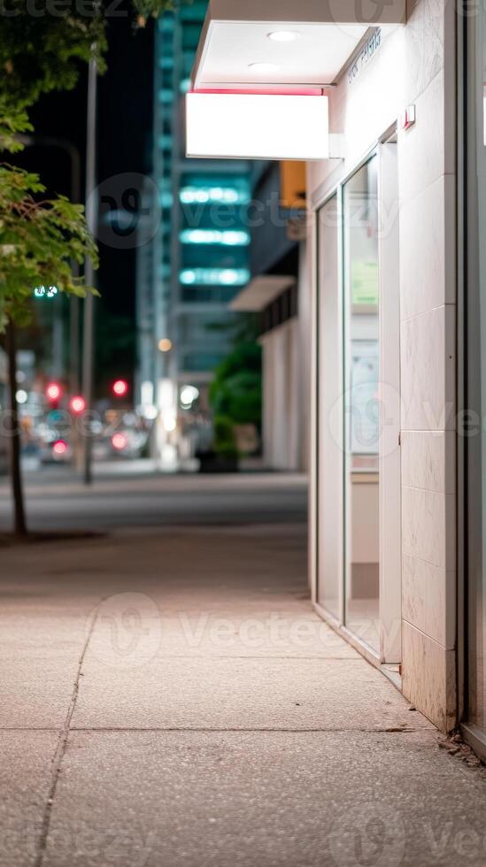 Empty Urban Sidewalk at Night with Illuminated Building and Distant City Lights, Serene Evening Streetscape photo