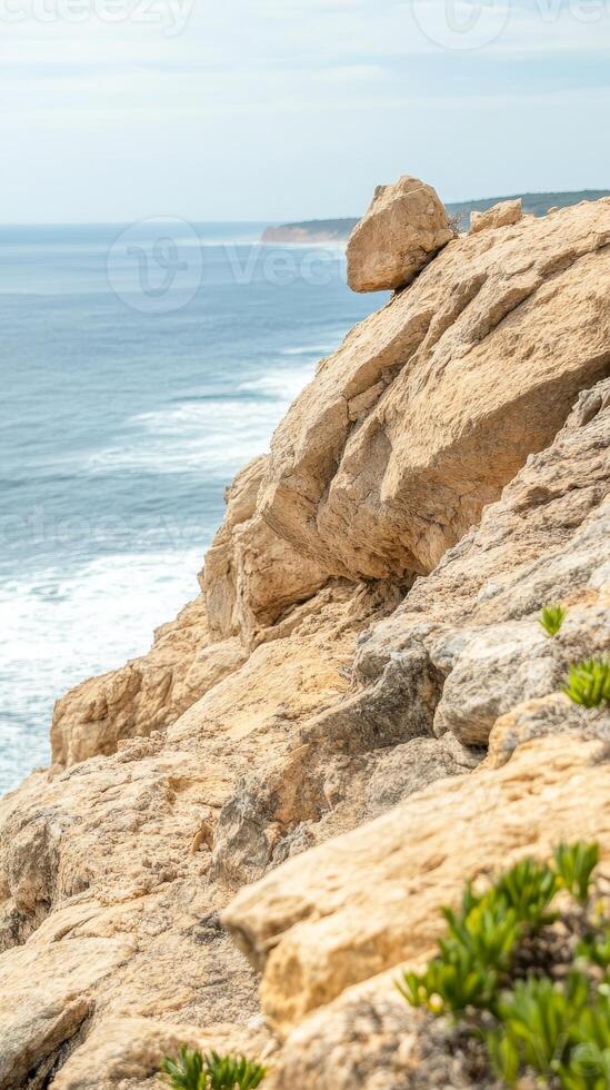 Dramatic Coastal Cliff Landscape with Azure Ocean Views. Rugged Rock Formations and Crashing Waves Create a Serene Natural Seascape. photo