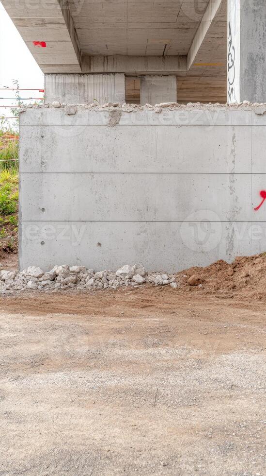 Abstract view of robust concrete bridge support and construction debris, showcasing industrial architecture and raw textures of urban infrastructure. photo