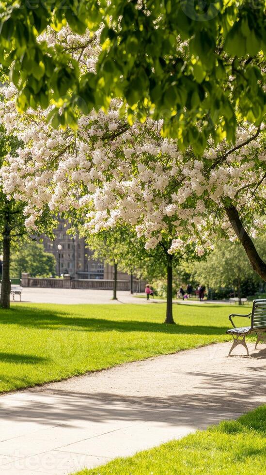 Enchanting Spring Park Scene White Blossoms Canopy a Sunny Pathway, Lush Green Grass and Benches Offer a Peaceful Urban Escape photo