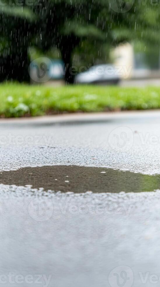 Captivating close-up of a glistening street puddle during a gentle rain, reflecting the blurred urban landscape. Serene weather moment. photo