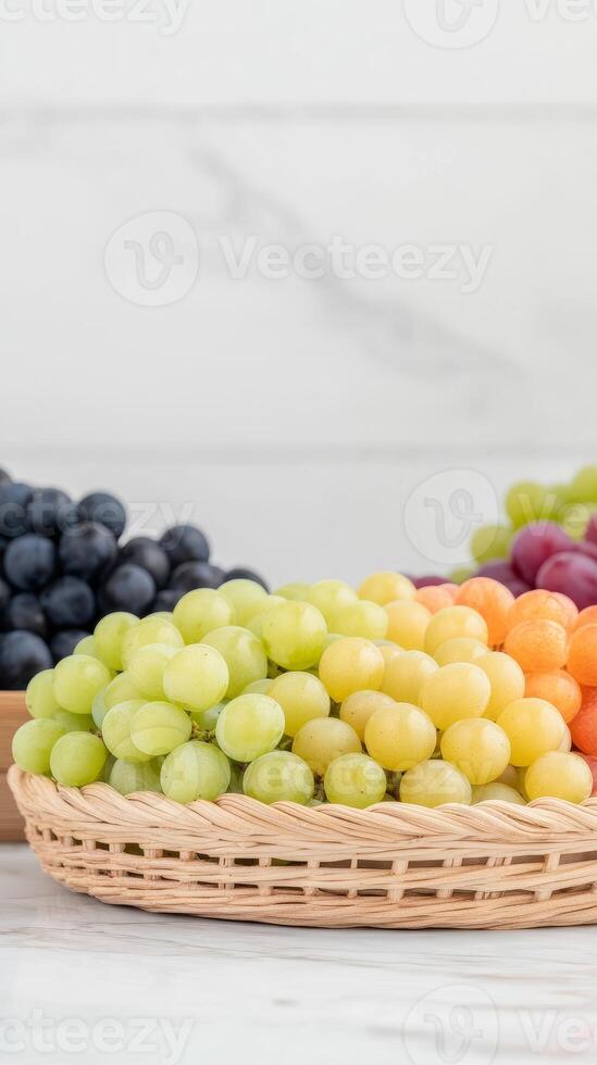 Vibrant Assortment of Fresh Grapes in Wicker Baskets A Healthy and Colorful Display of Nature's Sweet Harvest for Culinary Delights photo