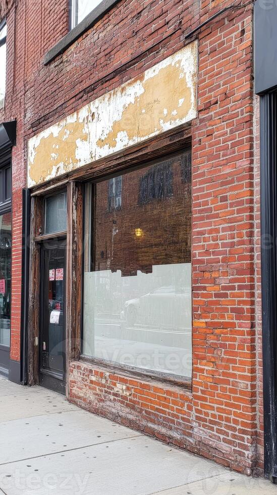 Weathered Brick Storefront A Glimpse into Urban History and Architectural Decay, Featuring Peeling Paint and Reflective Glass in a Timeless Cityscape. photo