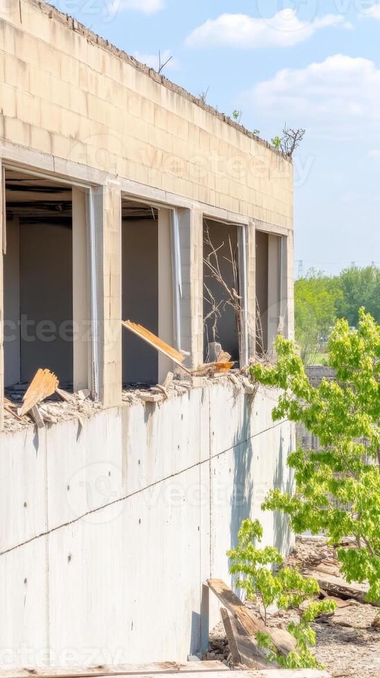 Urban decay captured A stark view of a crumbling concrete building undergoing demolition, revealing exposed windows and scattered rubble under a clear sky. photo