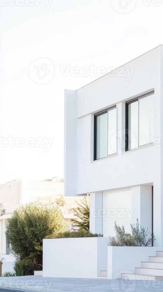 Sleek Modern White Architectural Facade with Clean Lines and Bright Sunlight, Minimalist Contemporary Home Exterior Design. photo