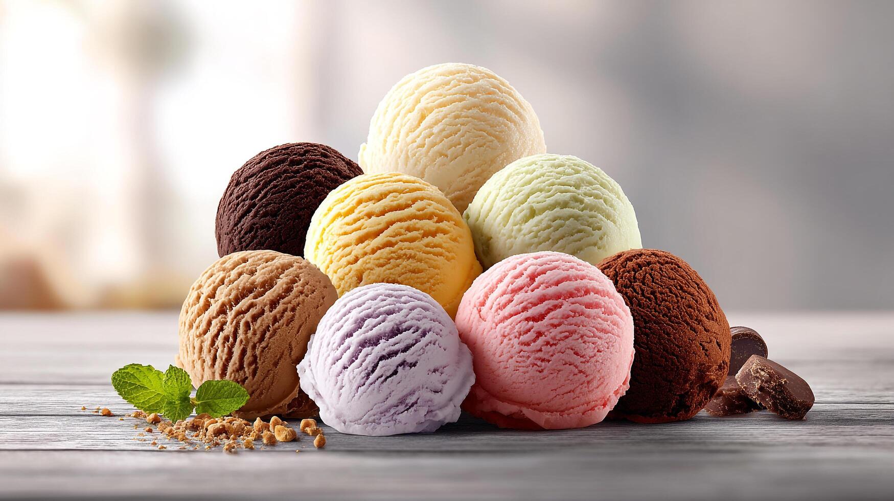 a variety of ice creams are shown on a wooden table photo