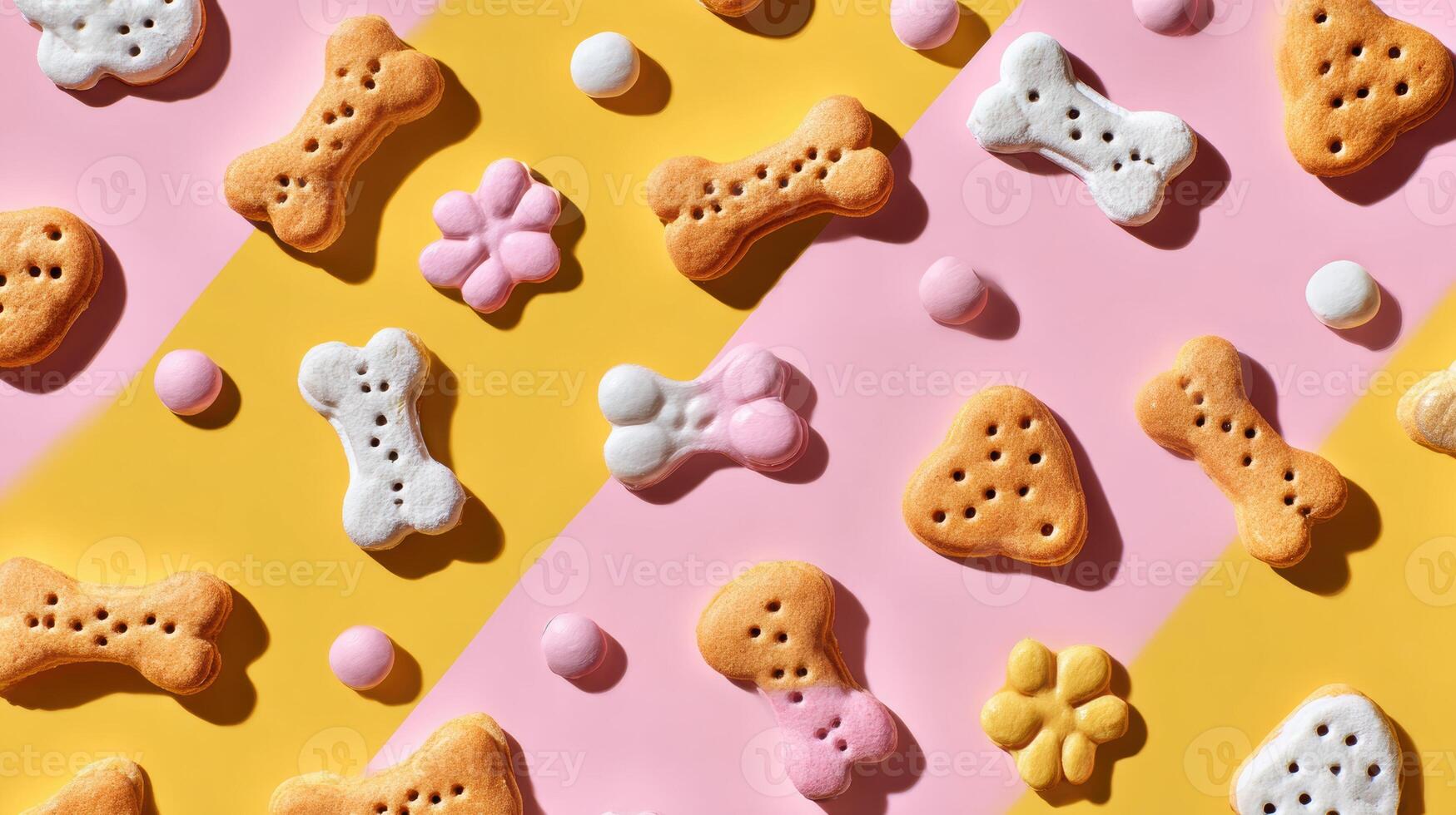 Playful Arrangement of Colorful Dog Treats With a Vibrant Dot Background, Enhancing the Cheerful Appeal for Pet Lovers photo