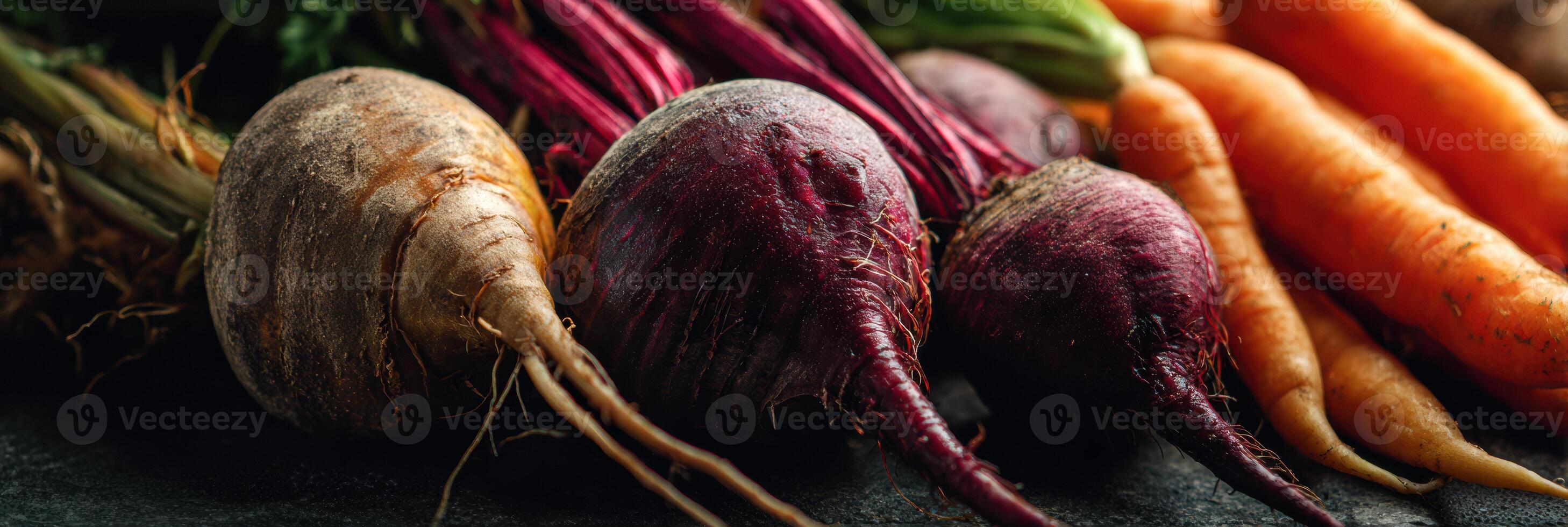 Colorful Mix of Beets and Carrots Displayed on Textured Surface With Natural Shadows Showcasing Earthy Tones and Untouched Side Space photo