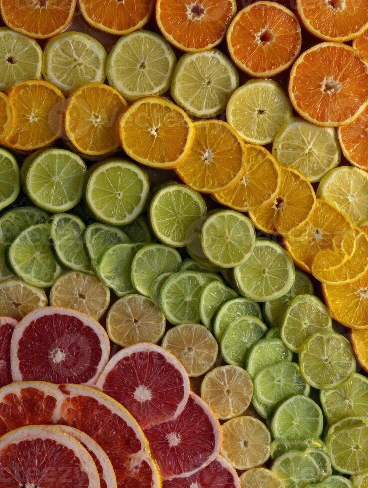 Cross-section of Citrus Fruits Arranged in Concentric Circles Showcasing Vibrant Colors and Varieties for a Visually Appealing Display photo