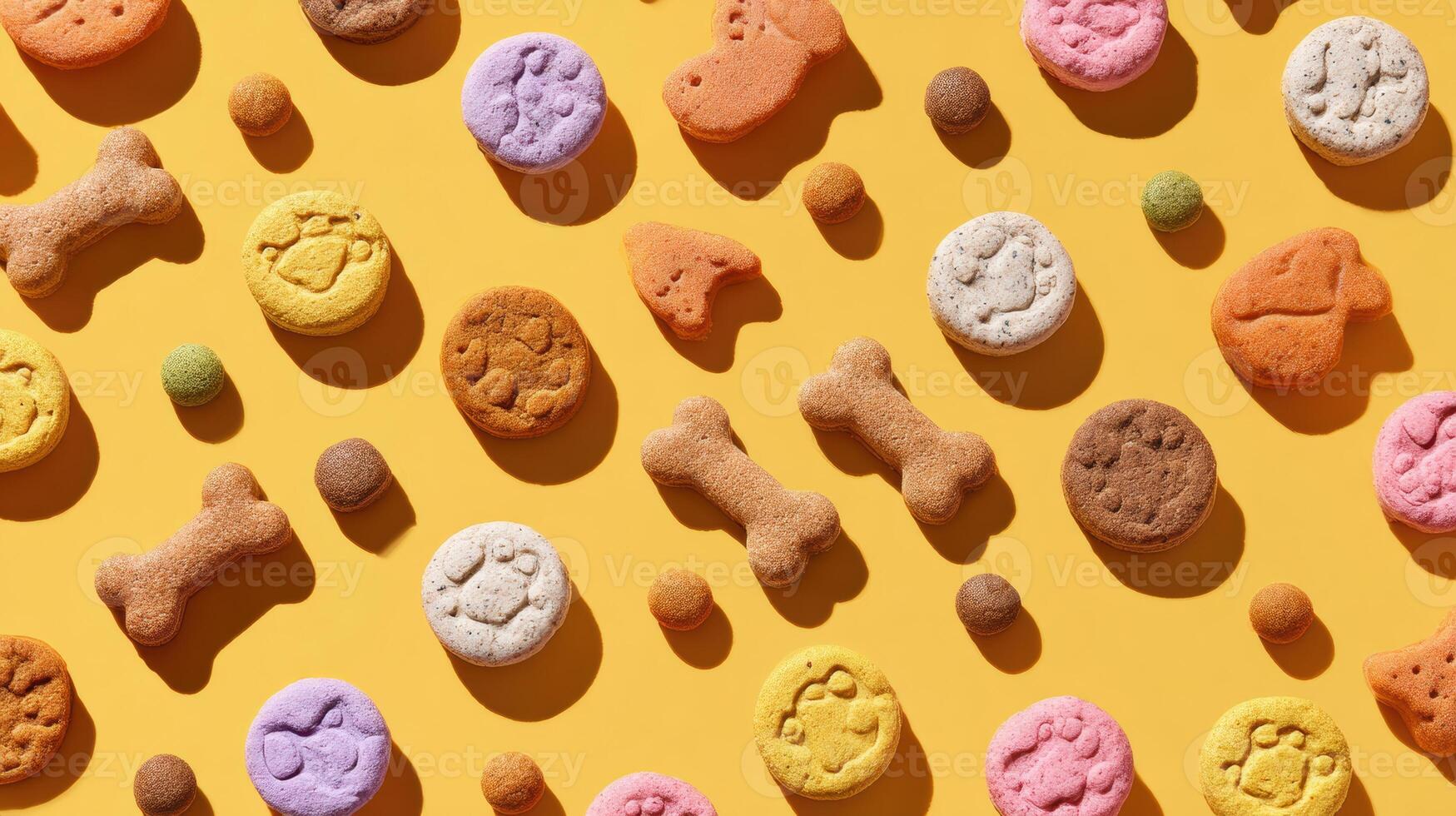 Bright and Playful Arrangement of Assorted Dog Treats on a Dotted Background With a Clean Upper Third and Vibrant Colors photo