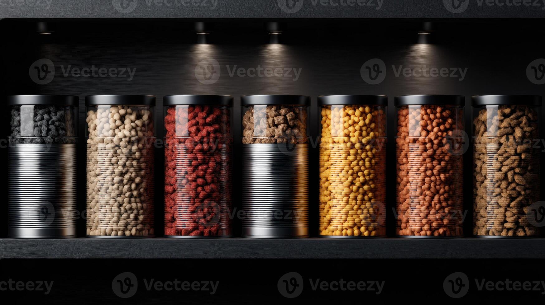 Pet Food Displays in High Contrast With Canned Options on Dark Shelf Under Soft Lighting for Easy Visibility and Selection photo