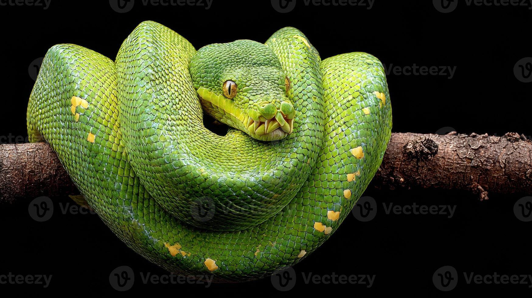 Bright Green Tree Python Coiled on Branch Showcasing Vibrant Colors and Intricate Patterns Set Against a Dark Background photo