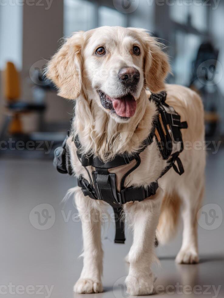 Golden Retriever in Harness for Mobility Training During Recovery in a Minimal Indoor Environment With Training Equipment photo