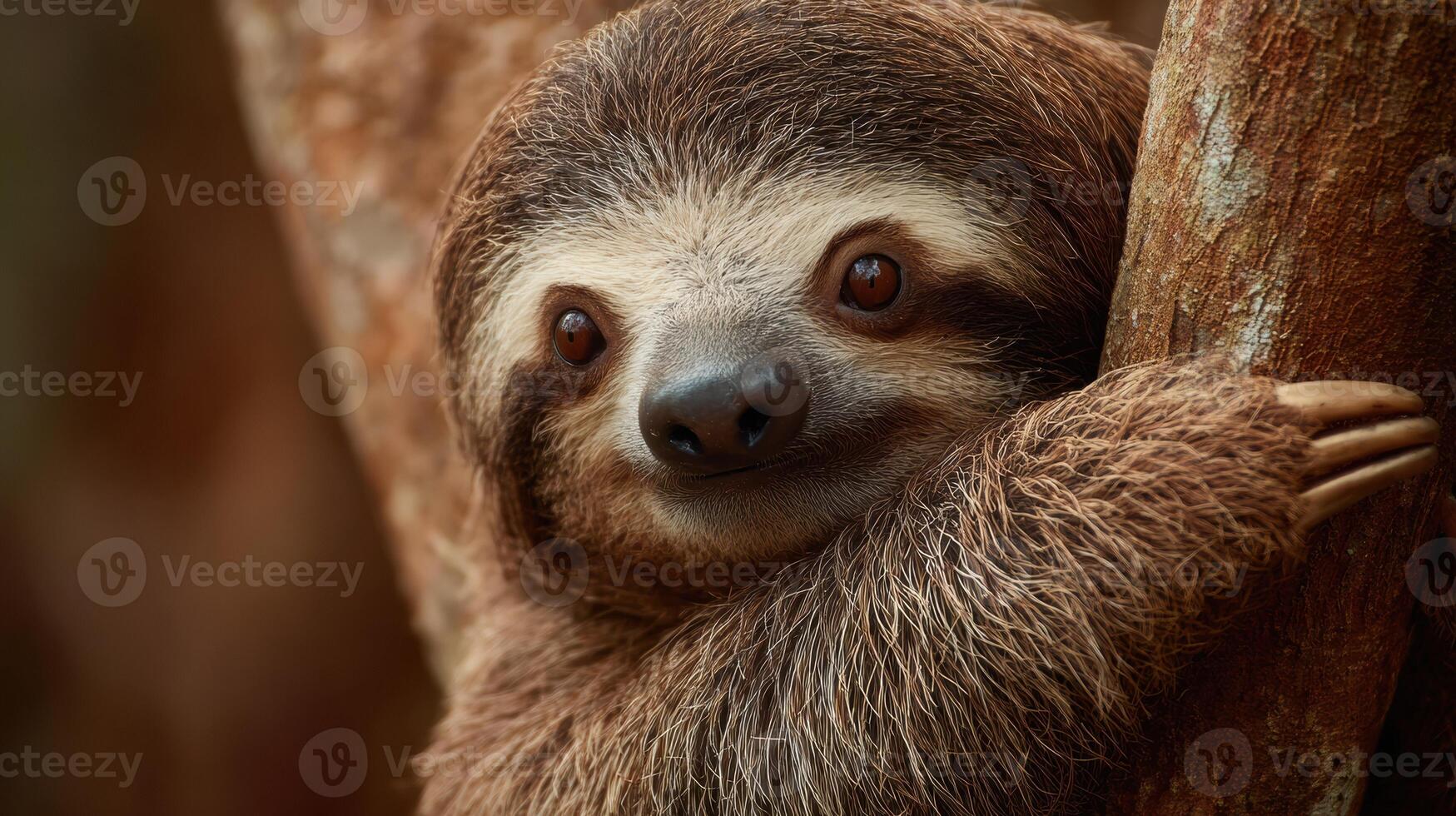 Sloth Embraces Tree Branch in Warm Rainforest, Showcasing Unique Wildlife and Serene Habitat photo