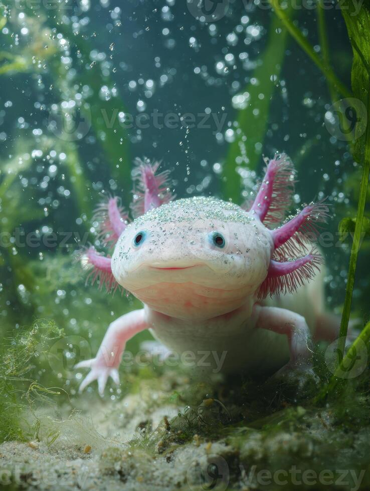 Aquatic Axolotl Exploring a Clean Environment With Light Bubbles and Lush Green Plants photo
