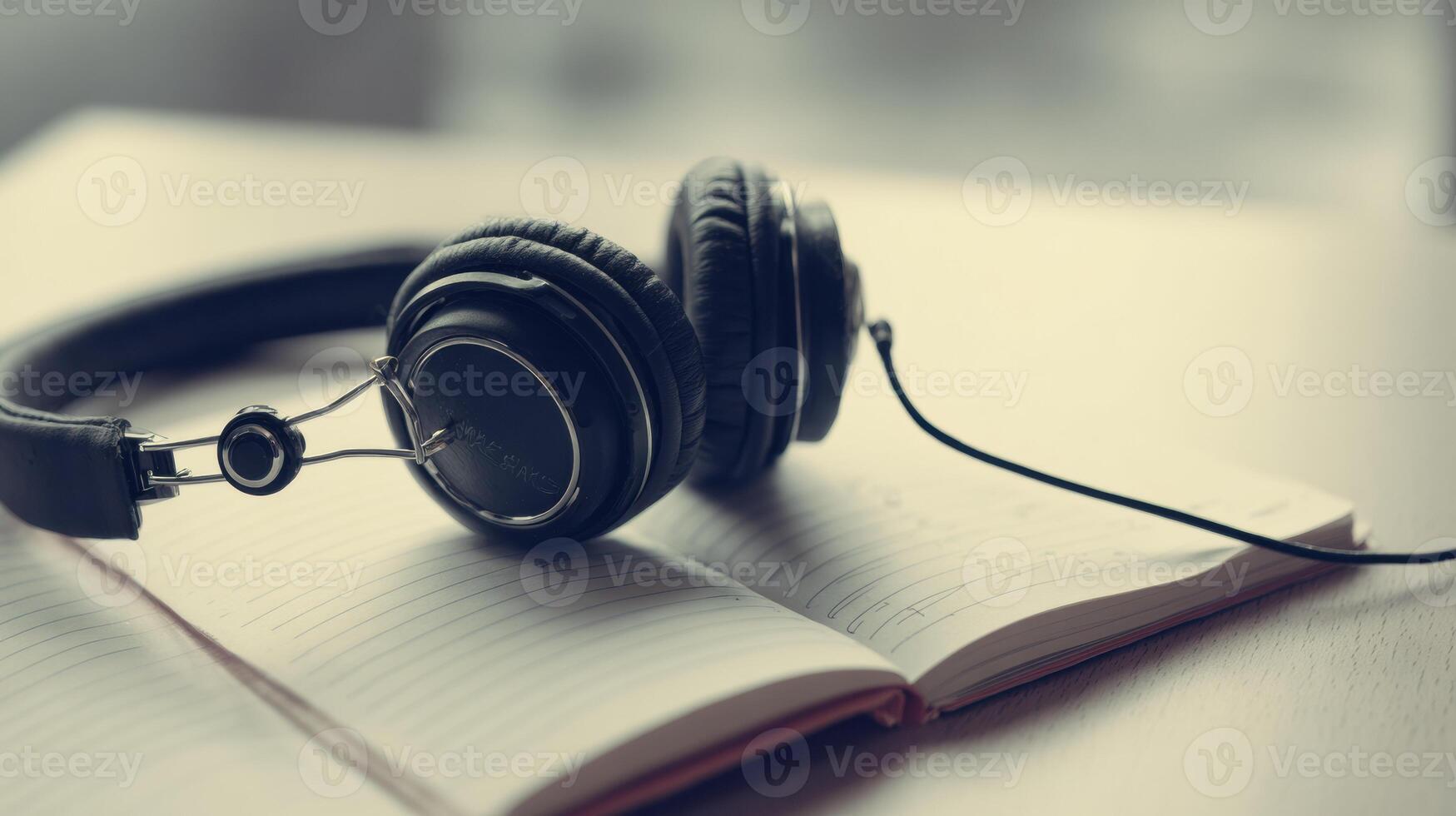 Headphones Rest on an Open Notebook Symbolizing Quiet Reflection and Listening During a Study Session photo