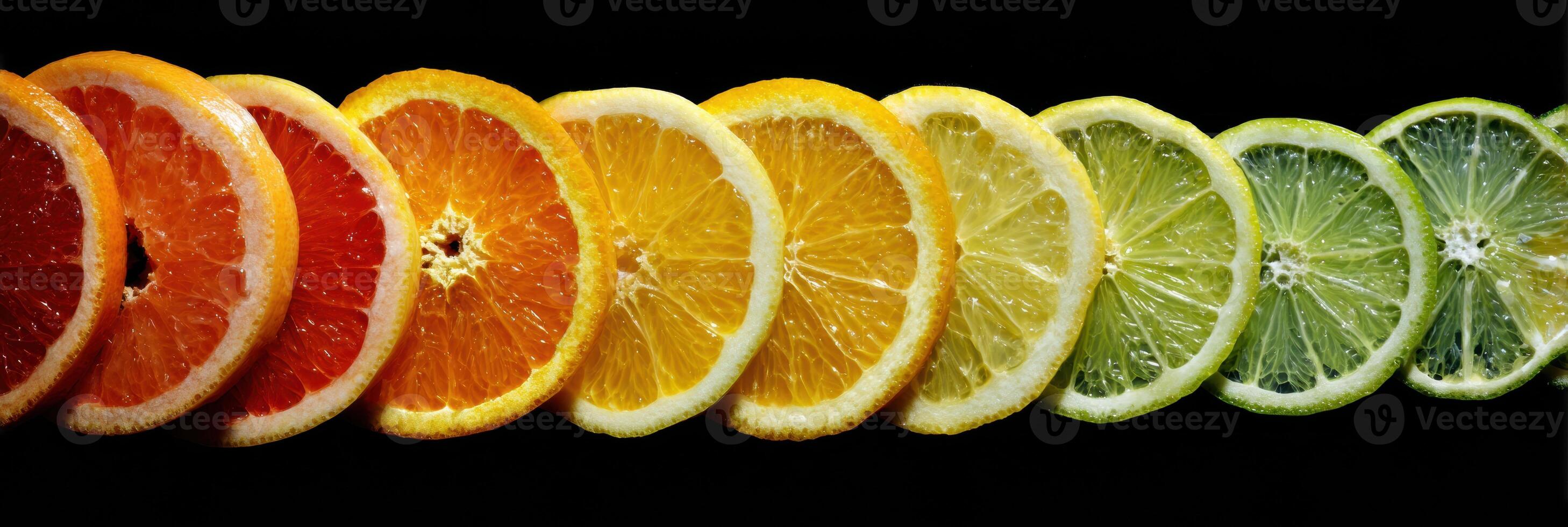 Arranged Cross-Section of Citrus Fruits in Concentric Circles Against a Dark Background Showcasing Vibrant Colors and Textures photo
