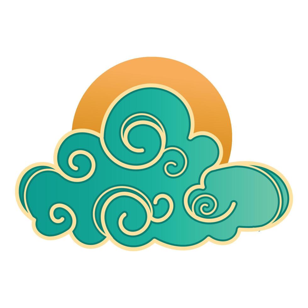 Japanese and Chinese Creative Blue Cloud With Hand Drawn Swirls and Wavy Outlines. Sky with blue clouds and sun. Abstract cloud icon in oriental style. vector