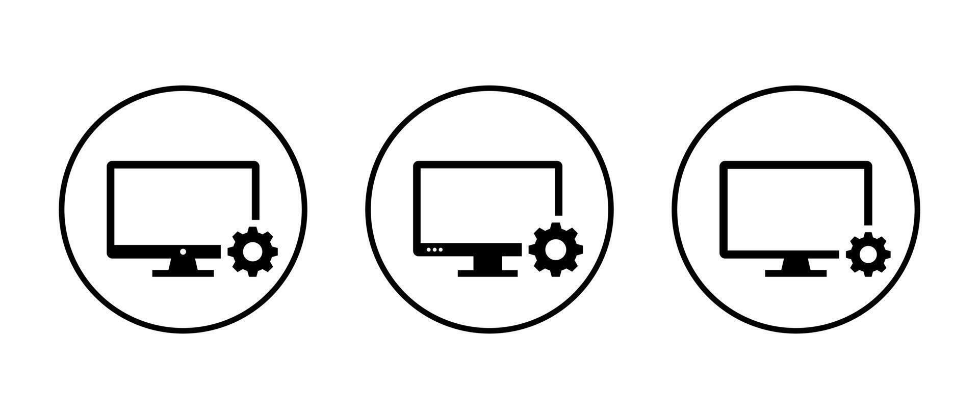 Desktop computer with settings gear. PC system control and technical setup concept in circular outline vector
