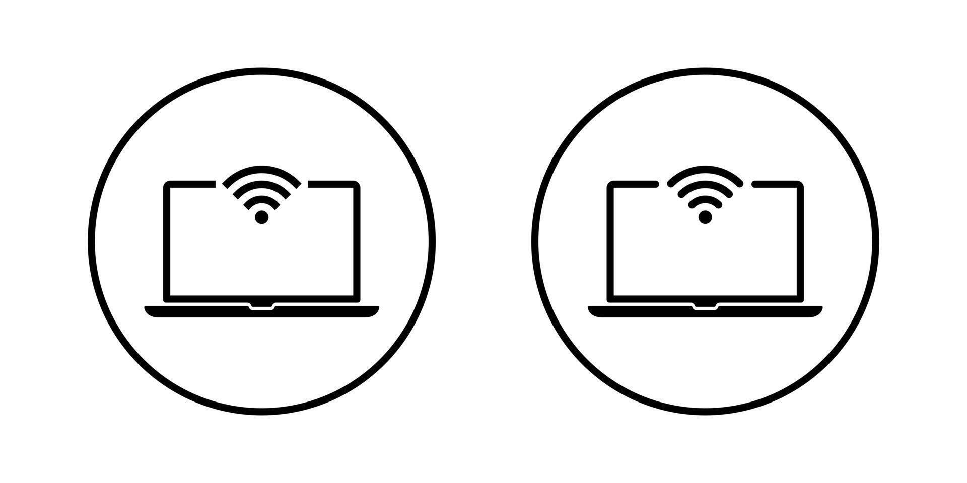 Laptop with WiFi signal icon. Wireless internet on notebook device symbol in circular outline vector