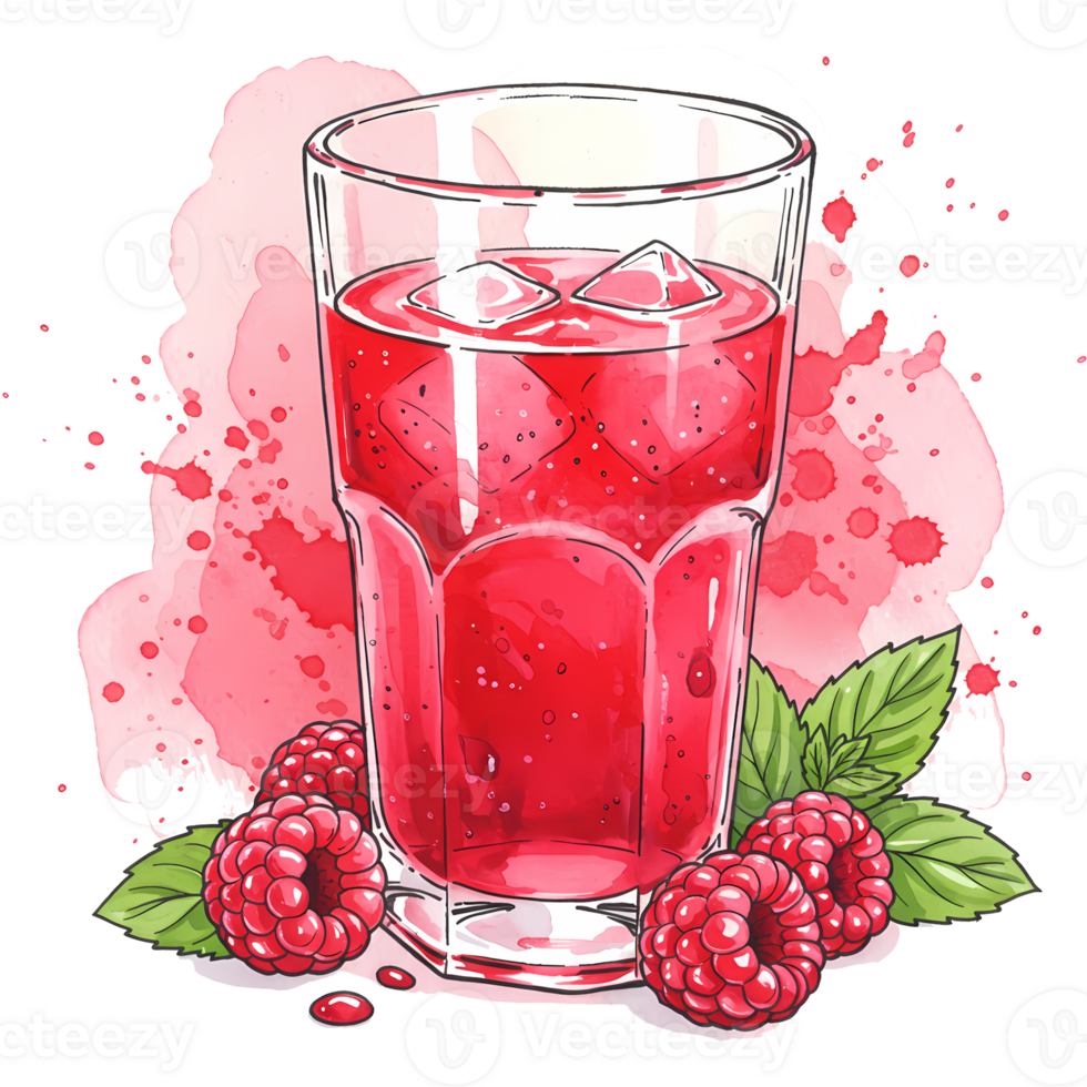 Vibrant Raspberry Drink with Ice and Mint on Transparent Background png