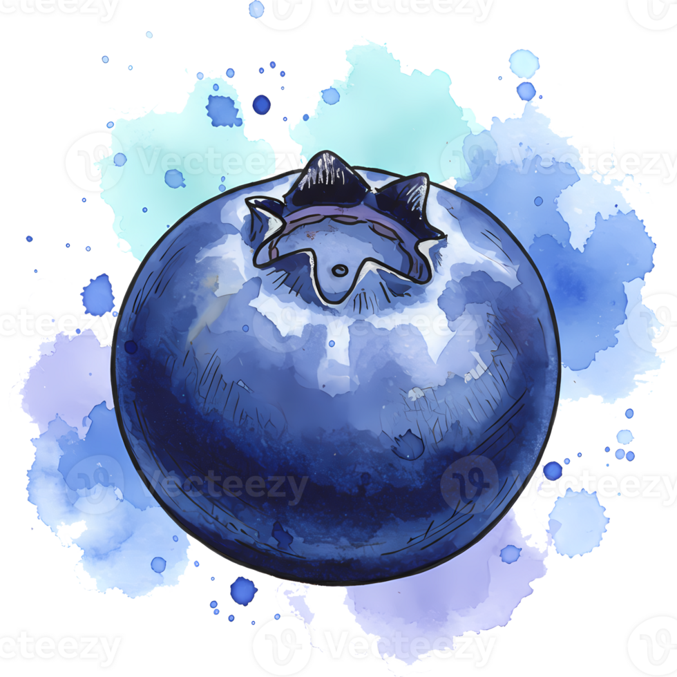 Single Vibrant Blueberry with Blue and Purple Watercolor Splatters on Transparent Background png