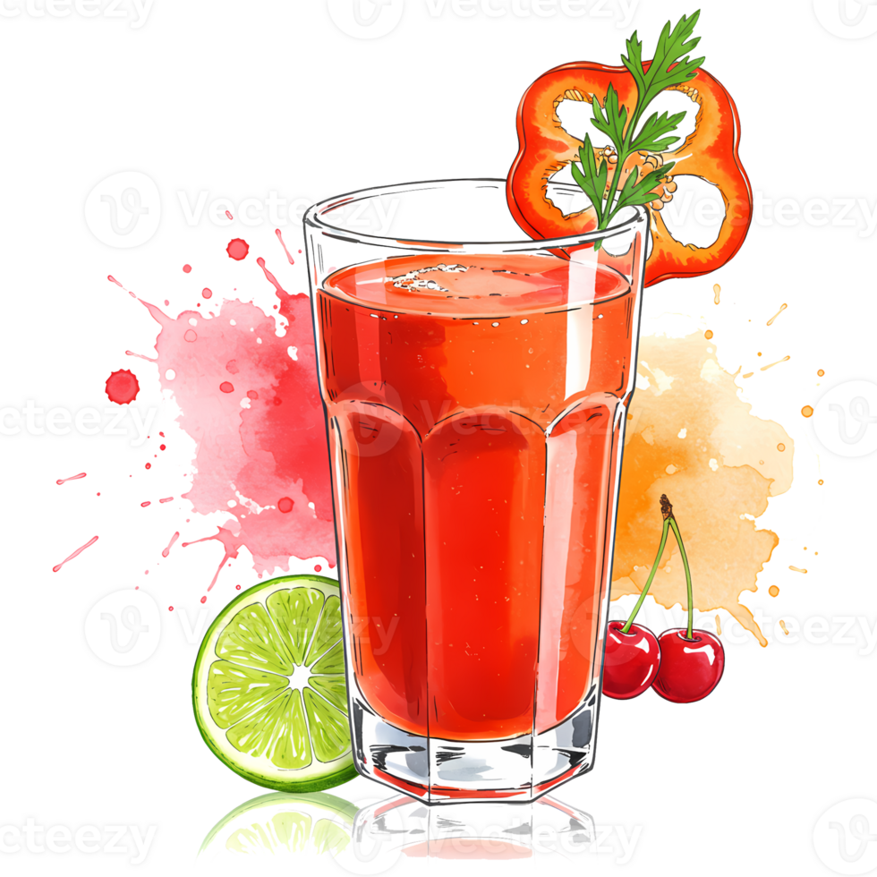 Glass of juice with pepper garnish, lime, and cherries against colorful paint splatter design art on transparent background png