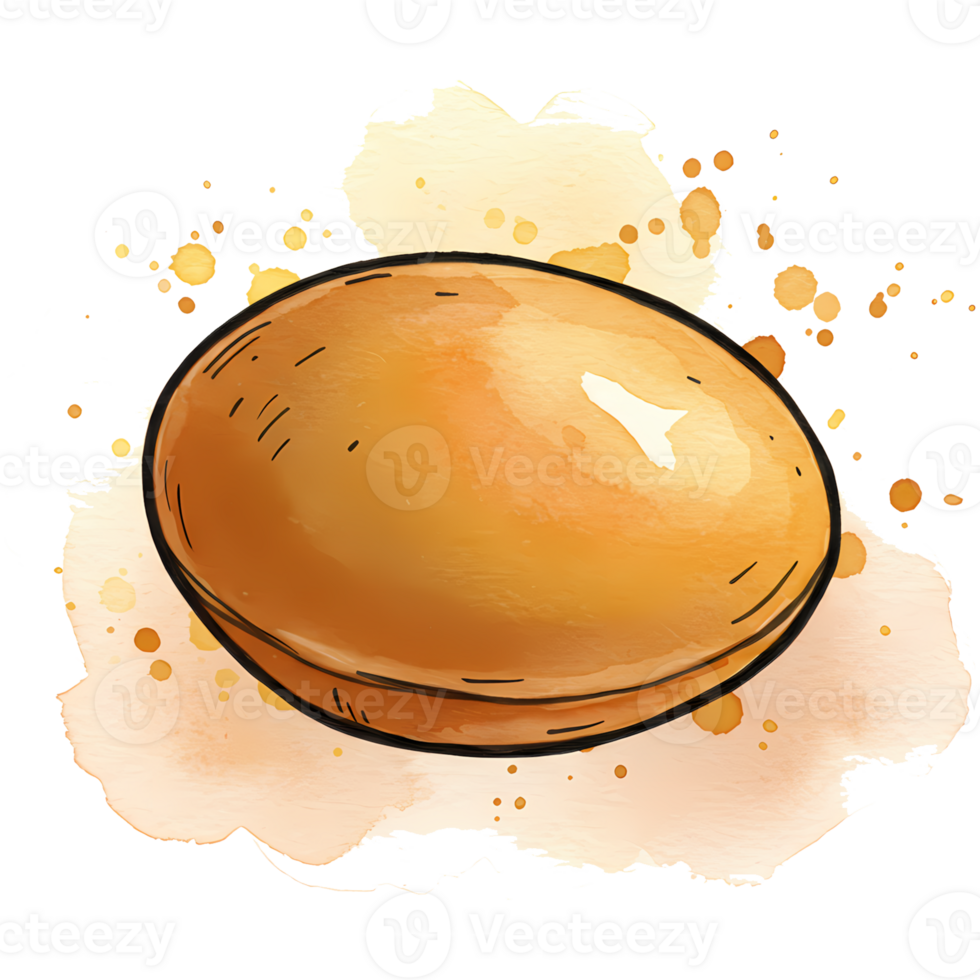 A single brown egg with watercolor splashes around it on a plain canvas with a simple outline style on transparent background png