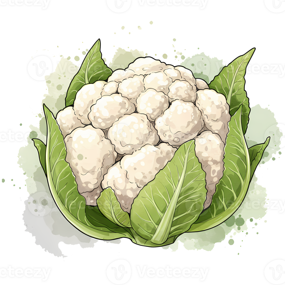 A cauliflower head with green leaves surrounding it in a watercolor style vegetable artwork image on transparent background png