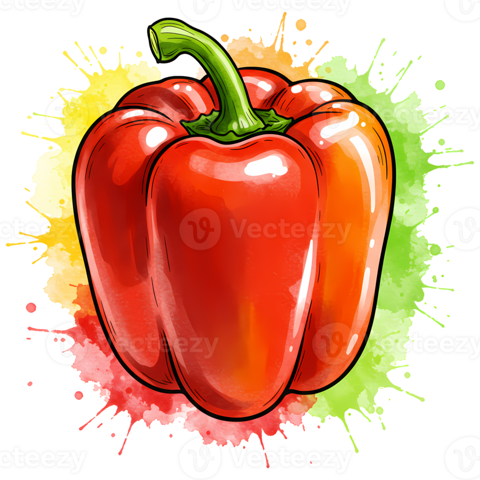 A vibrant red bell pepper with a green stem surrounded by colorful watercolor splashes of yellow and green on transparent background png