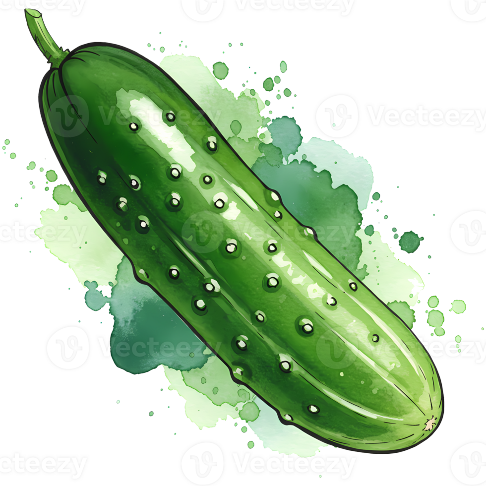 A single green cucumber with small bumps and a stem on a watercolor splash style transparent area on transparent background png