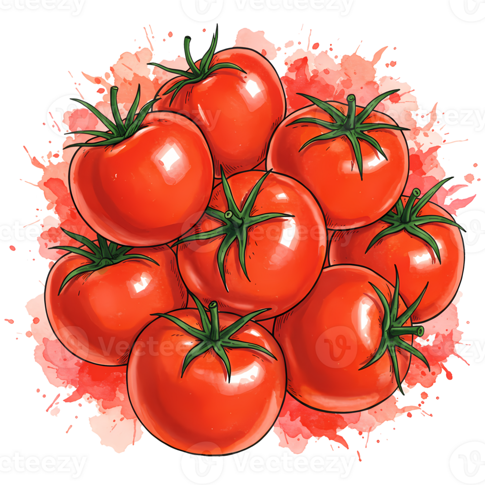 A vibrant cluster of eight ripe tomatoes with green stems arranged on a watercolor splash design on transparent background png