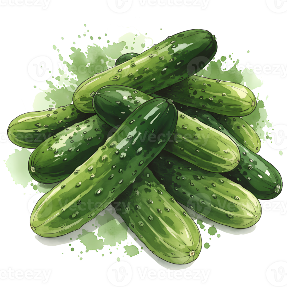 A pile of green cucumbers with watercolor style shading and a transparent surrounding area around them on transparent background png