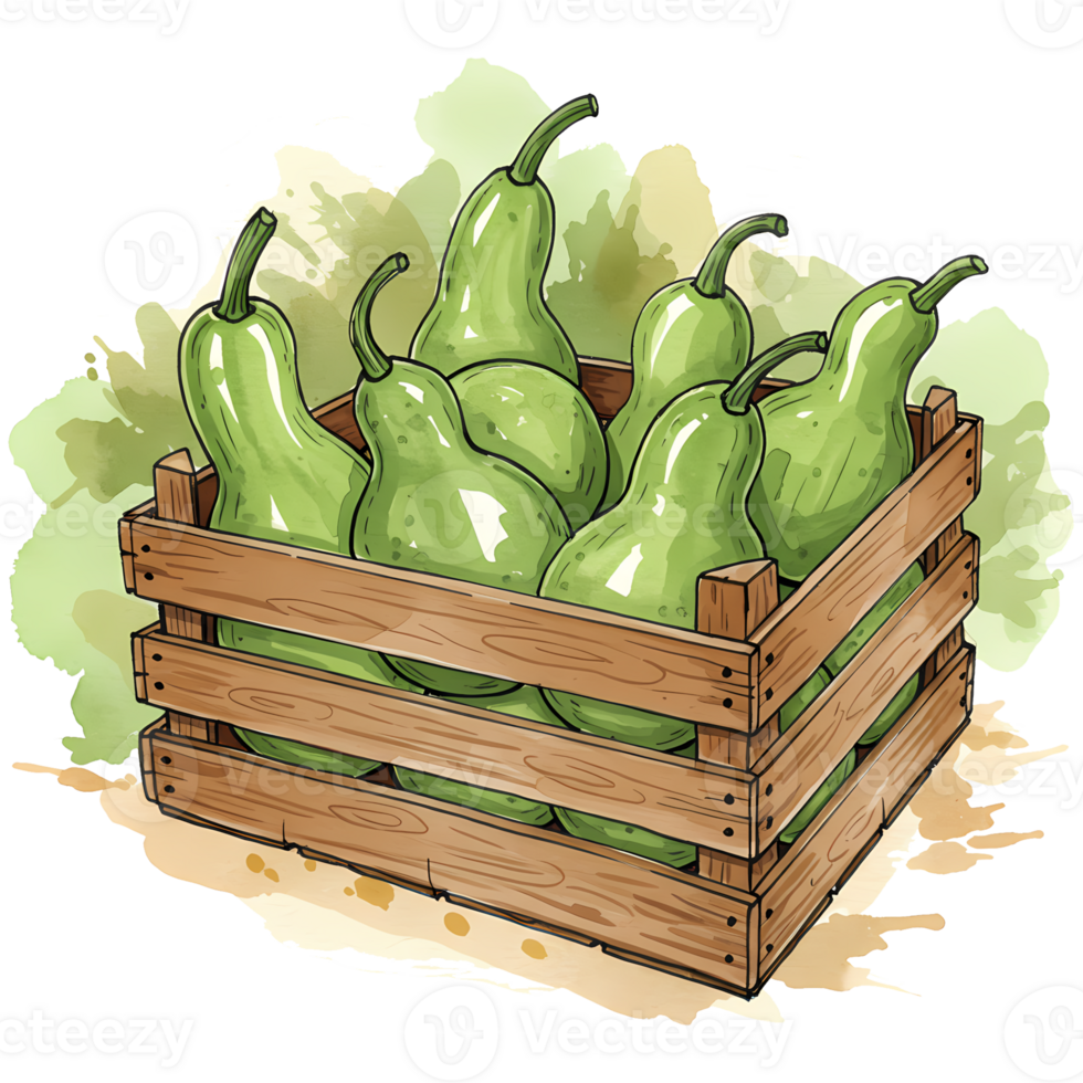 A wooden crate filled with several green pears with stems on a watercolor style background design art on transparent background png