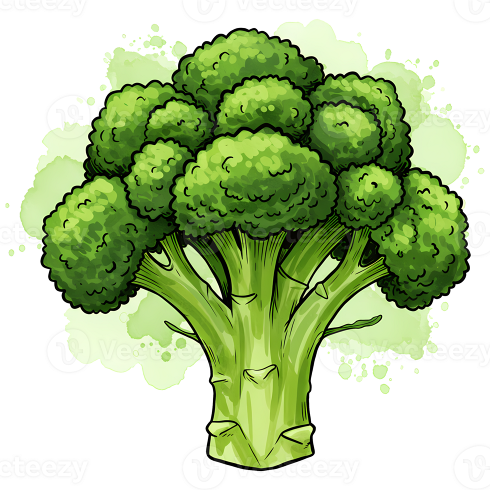 A vibrant green broccoli with a textured surface and a light green aura on a transparent setting on transparent background png