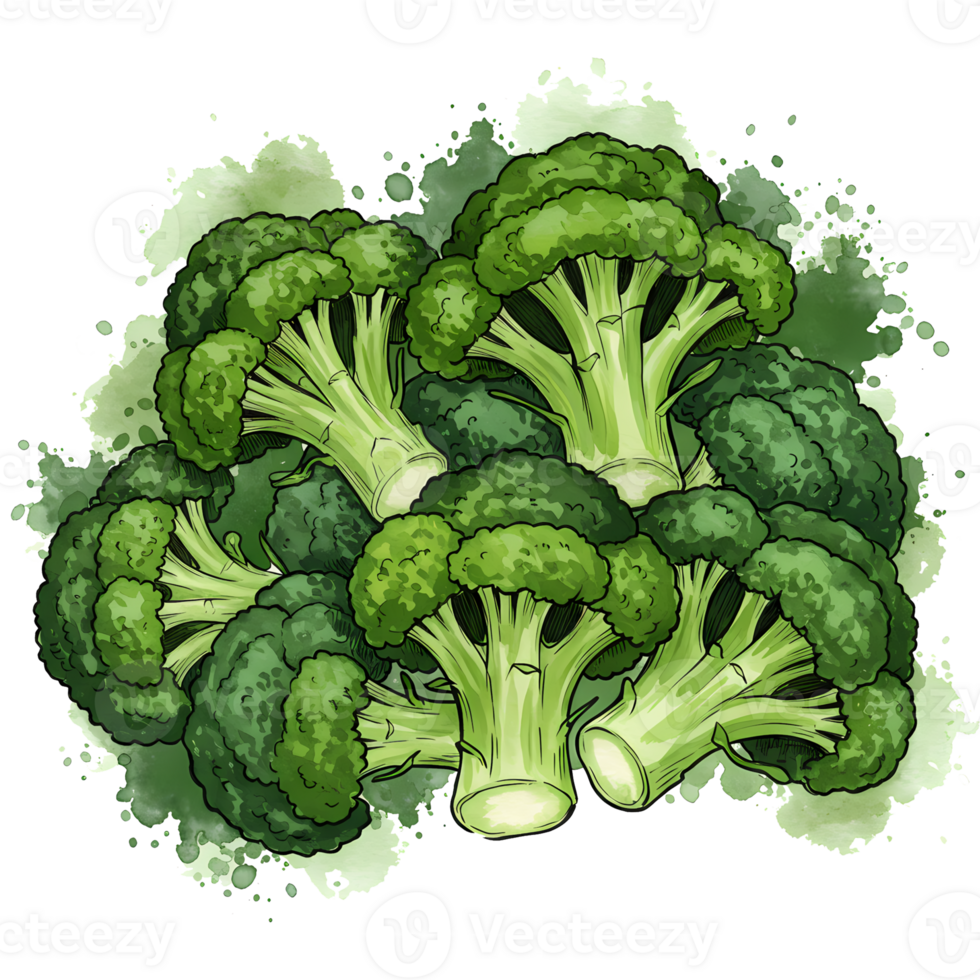 A pile of vibrant green broccoli florets with detailed textures and a watercolor style splash around them on transparent background png